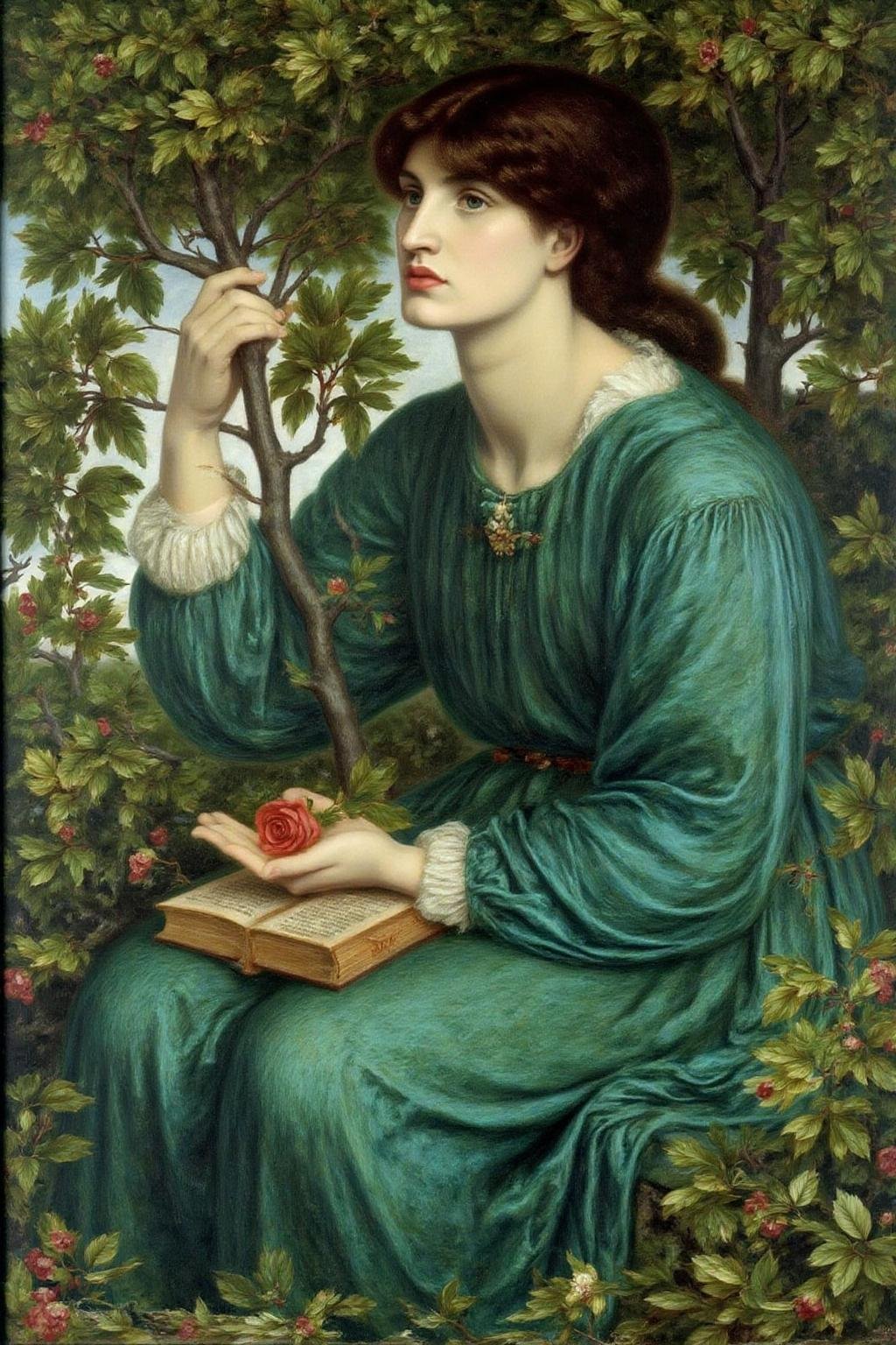 dgr painting.A young woman sitting among lush green foliage,  possibly a tree or a shrub,  with a dramatic by NowhereManGo...