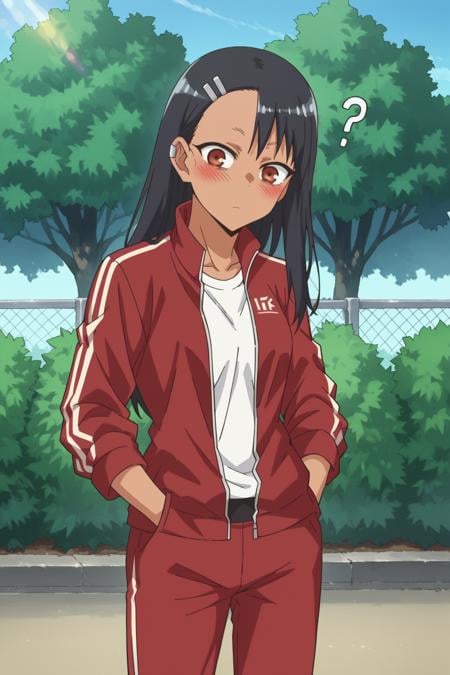 score_9, score_8_up, score_7_up, source_anime, <lora:nagatoro-multi-outfit_epoch_8:1> nagatoro hayase, outfit-red-tracksuit, white shirt, blush, dark-skinned female, solo, bush, black hair, track jacket, 1girl, outdoors, hairclip, dark skin, hair ornament, long hair, brown eyes, jacket, track suit, pants, open jacket, ?, head tilt, hand in pocket, 