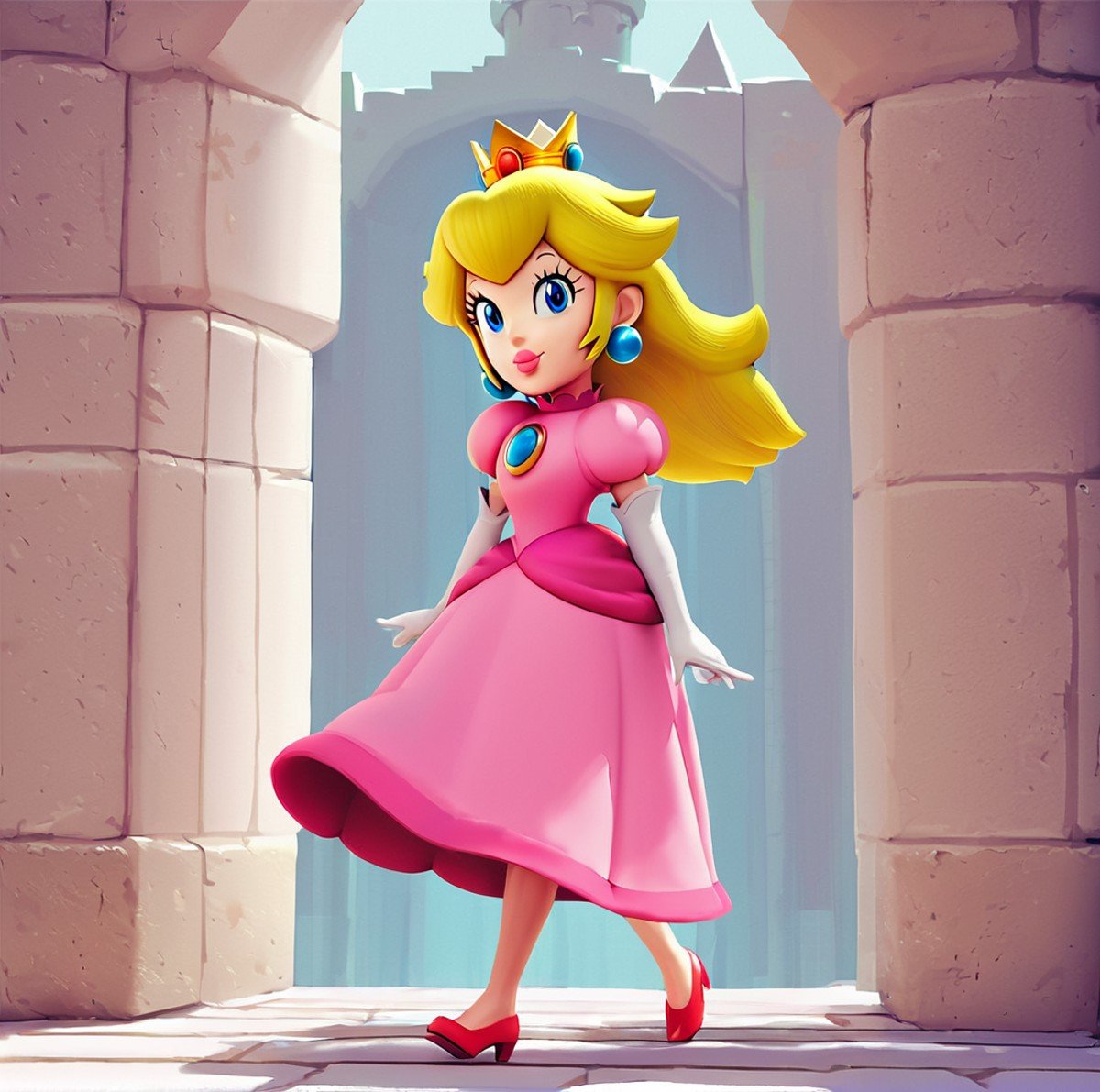 score_9, score_8_up, score_7_up,score_5_up, score_4_up (Source super mario bros), (rating safe), <lora:PrincessPeachXL:0.7>, princess peach, blonde hair, earrings, princess peach walking inside castle, wearing pink dress, smile, elbow gloves, pink lipstick, 