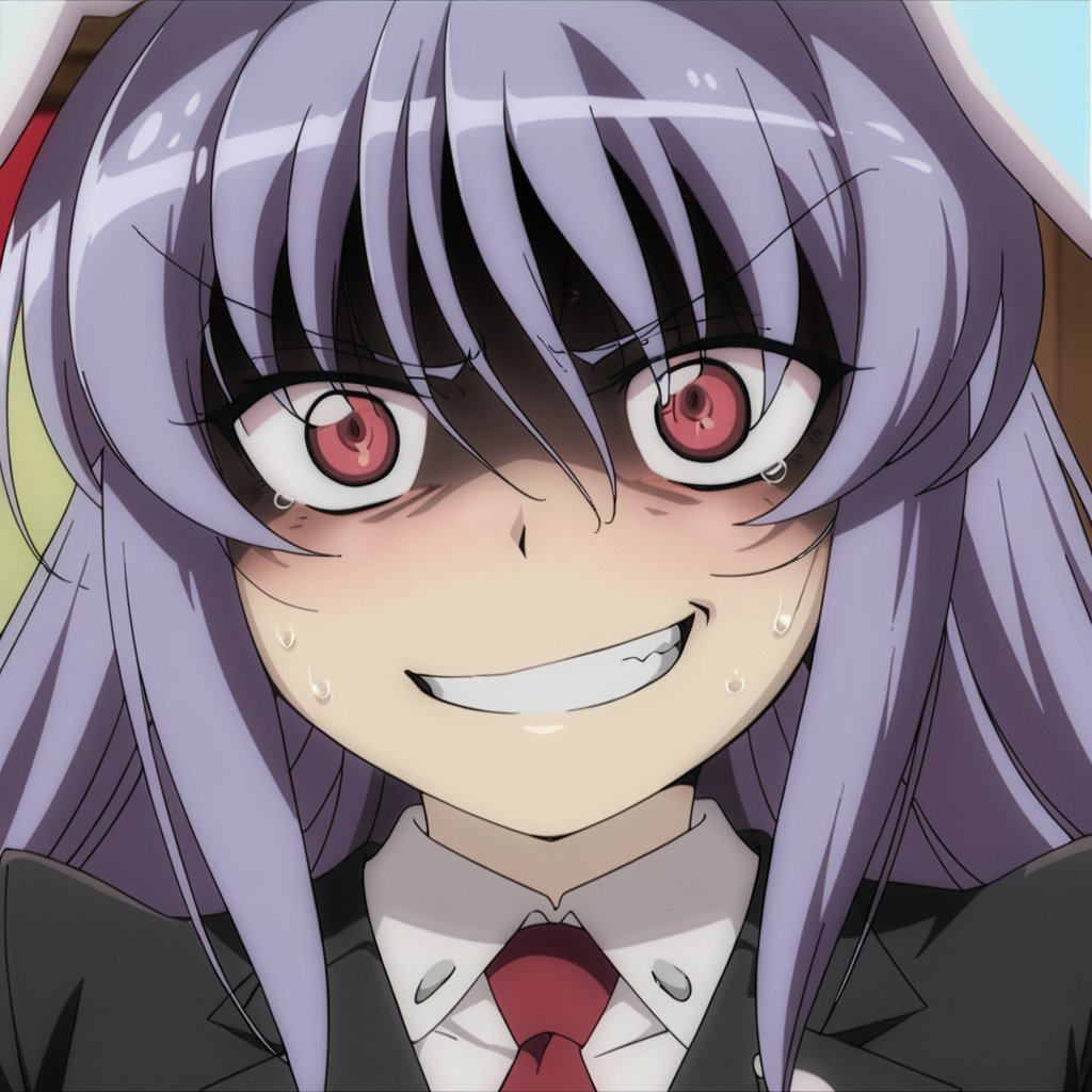 masterpiece, best quality, <lora:tgm-xl-a3.1:1>,anime coloring, 1girl, reisen udongein inaba, solo, animal ears, rabbit ears, purple hair, sweat, smile, close-up, grin, parody, necktie, style parody, long hair, teeth, blazer, jacket, red necktie, shirt