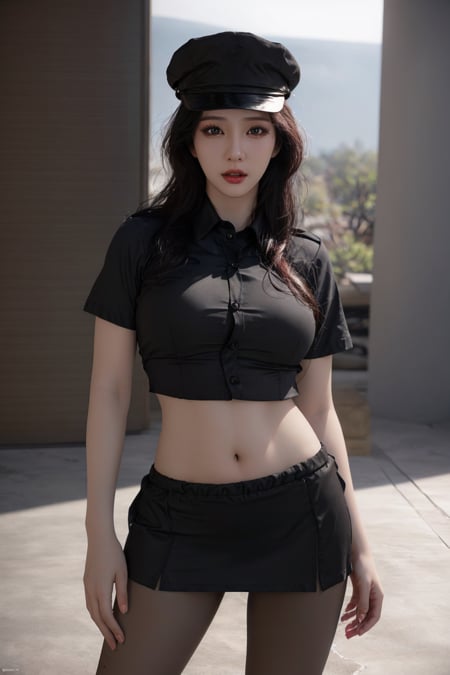 ((best quality)),absurdres,(ultra high res),(photorealistic:1.6), octane render,(hyperrealistic:1.2), (photorealistic face:1.2), a woman, black shirt, black skirt, hat, pantyhose, navel, naughty face, perfect female body, (realistic:1.7), (8k), (Masterpiece), (realistic skin texture), (soft lighting),(beautiful eyes:1), <lora:police:0.85>