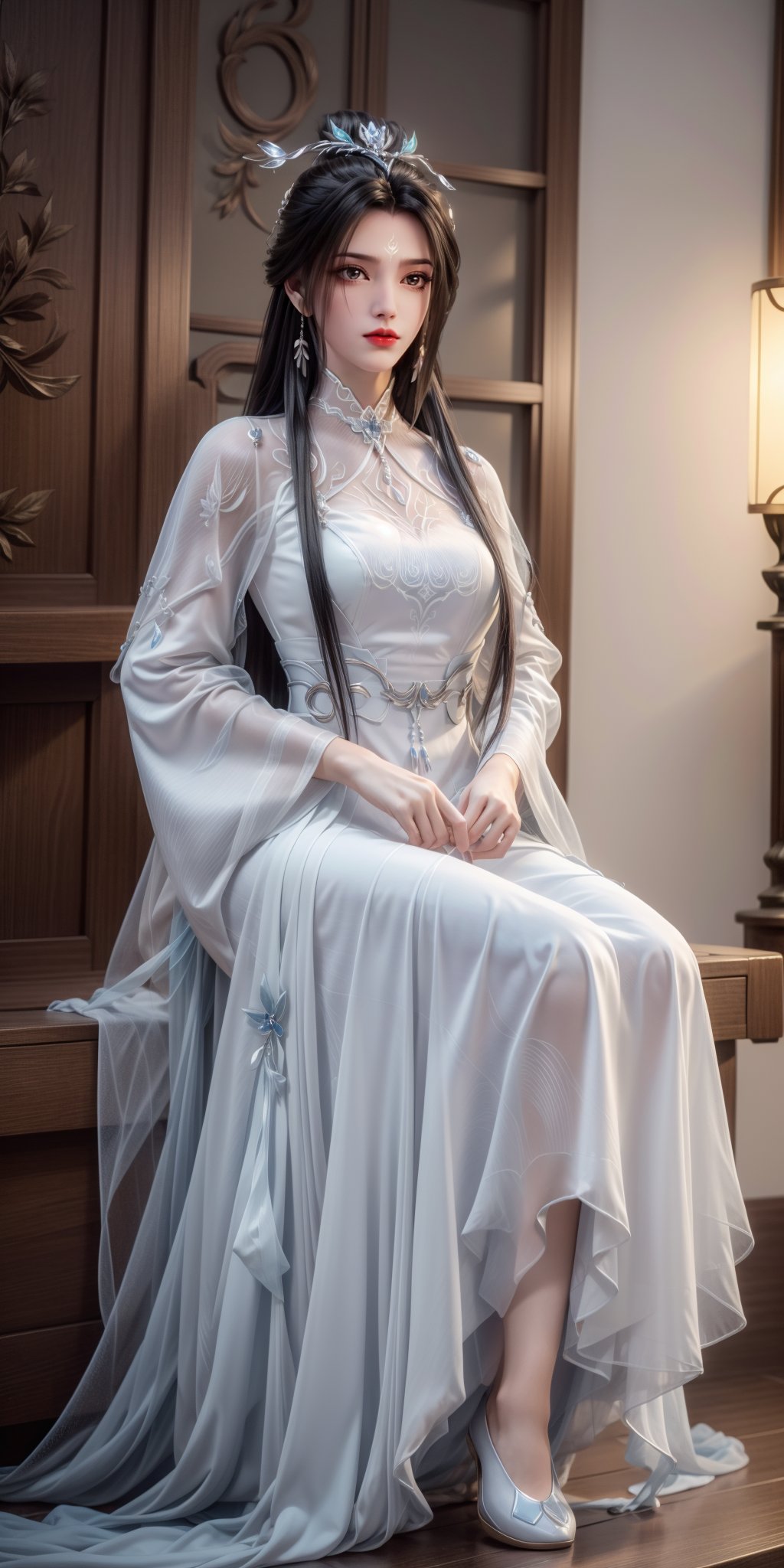 masterpiece,(best quality),official art,extremely detailed cg 8k wallpaper,(extremely delicate and beautiful),solo,realistic,photo_\(medium\),hiqcgbody,full body,(sidesaddle:1.1),white and blue dress,chinese clothes,long sleeves,see-through,hair ornament,1girl,hair stick,earrings,black hair,jewelry,long hair,hair bun,(forehead mark:1),long hair,hair ornament,<lora:cxueqi_v3.1:0.7>,<lora:add_detail:0.3>,