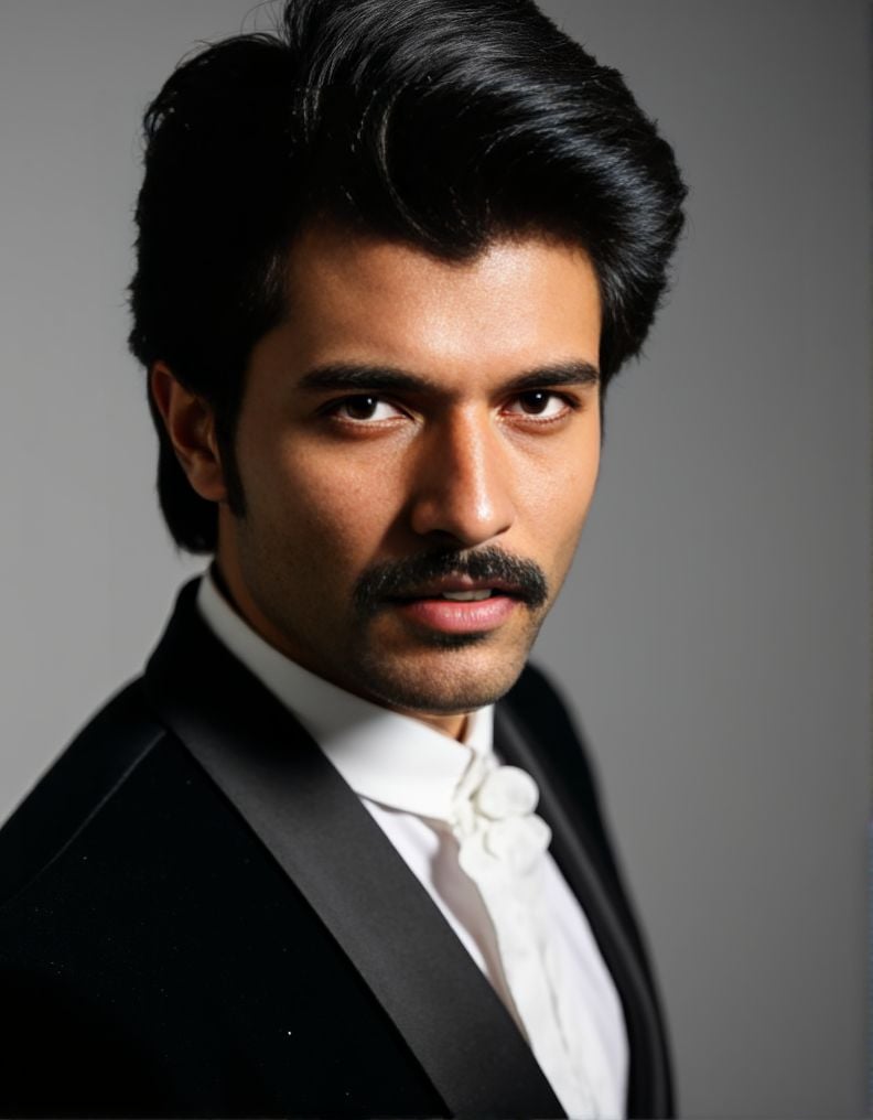 Vijay Devarakonda ,  posing confidently at during a portrait photoshoot. The scene is focused on a headshot. intense gaze...