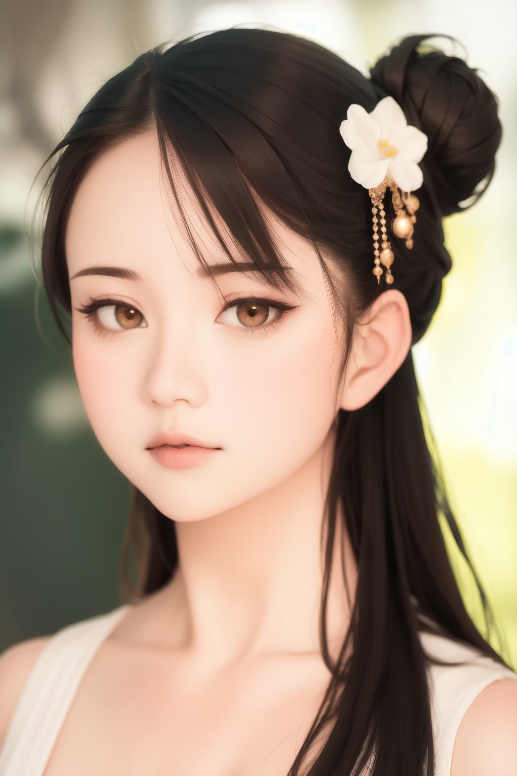 1girl, solo, long hair, looking at viewer, bangs, black hair, hair ornament, bare shoulders, brown eyes, closed mouth, hair bun, blurry, lips, blurry background, portrait, realistic, nose, hair stick,<lora:lbc_nian_2gainian_cs:0.9>,