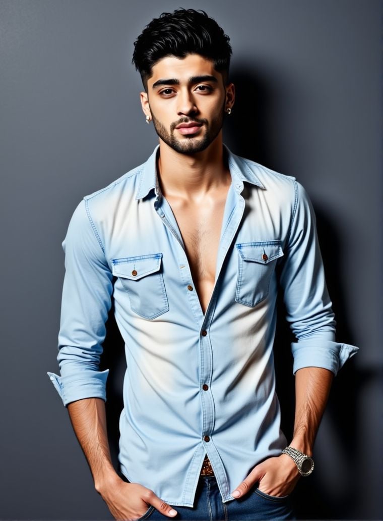 Zayn Malik ,  stands confidently in front of a dark gray wall. He wears a light denim shirt,  unbuttoned at the top by Hot...