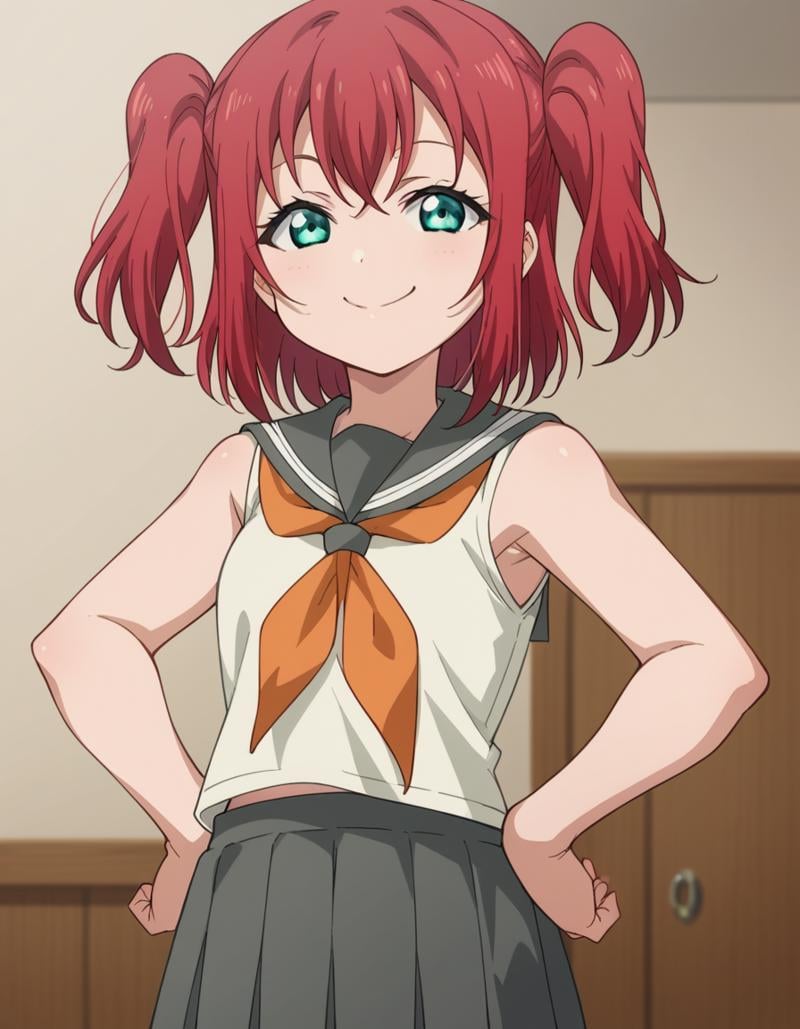 score_9, score_8_up, score_7_up, source_anime, <lora:ruby-kurosawa-s2-ponyxl-lora-nochekaiser:1>, ruby kurosawa, short hair, bangs, green eyes, red hair, aqua eyes, two side up,, shirt, school uniform, white shirt, serafuku, neckerchief, uranohoshi school uniform, orange neckerchief, sleeveless, skirt, pleated skirt, grey skirt,, indoors, smug, smile, looking at viewer, solo, hands on hips,, cowboy shot, dutch angle