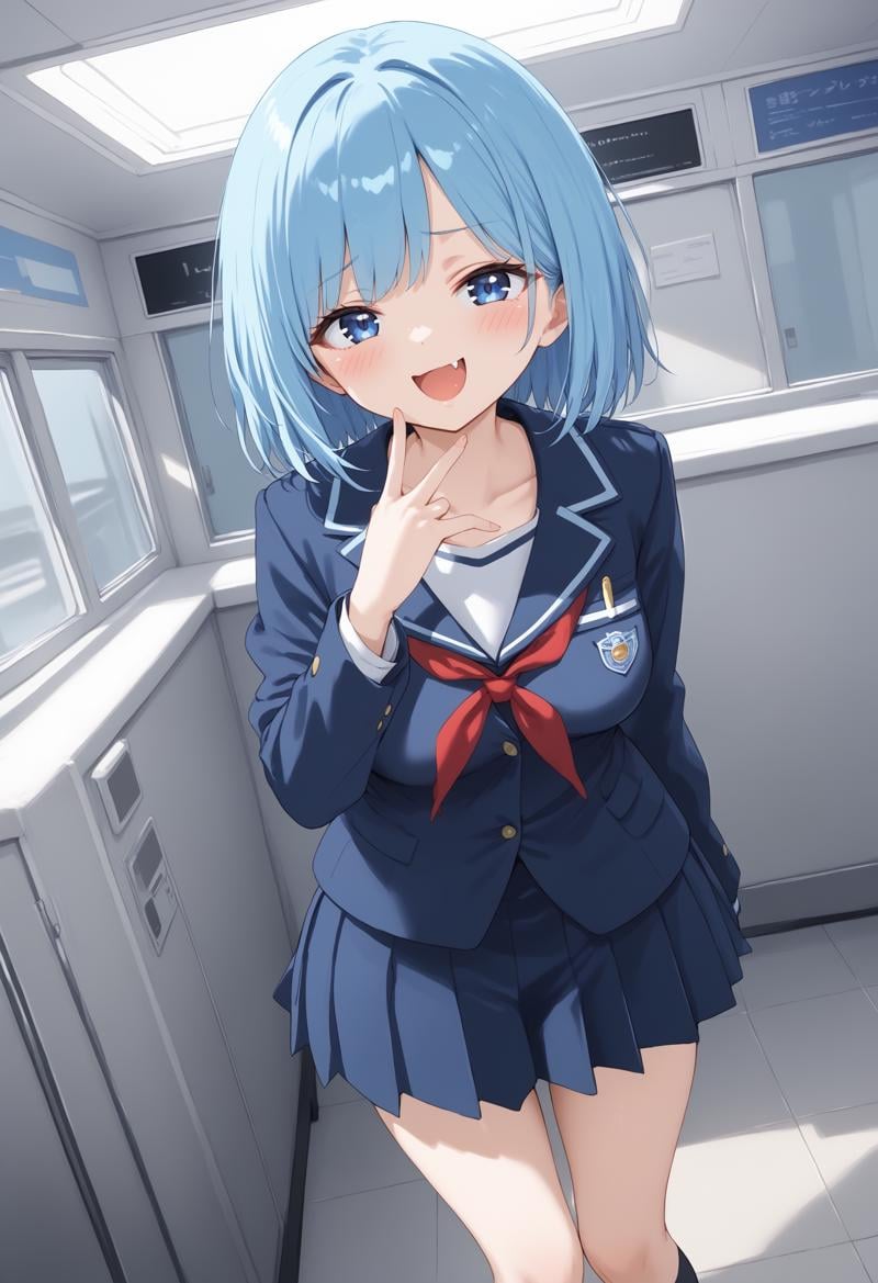 1girl, medium breasts, school uniform,mesugaki, smile, looking at viewer, blush, hand up, :3, fang,<lora:mesugaki_Pony_v1:0.9>dutch angle, wide shot, looking away, blue hair, blue eyes,anguish, airport, open mouth, single hair,,