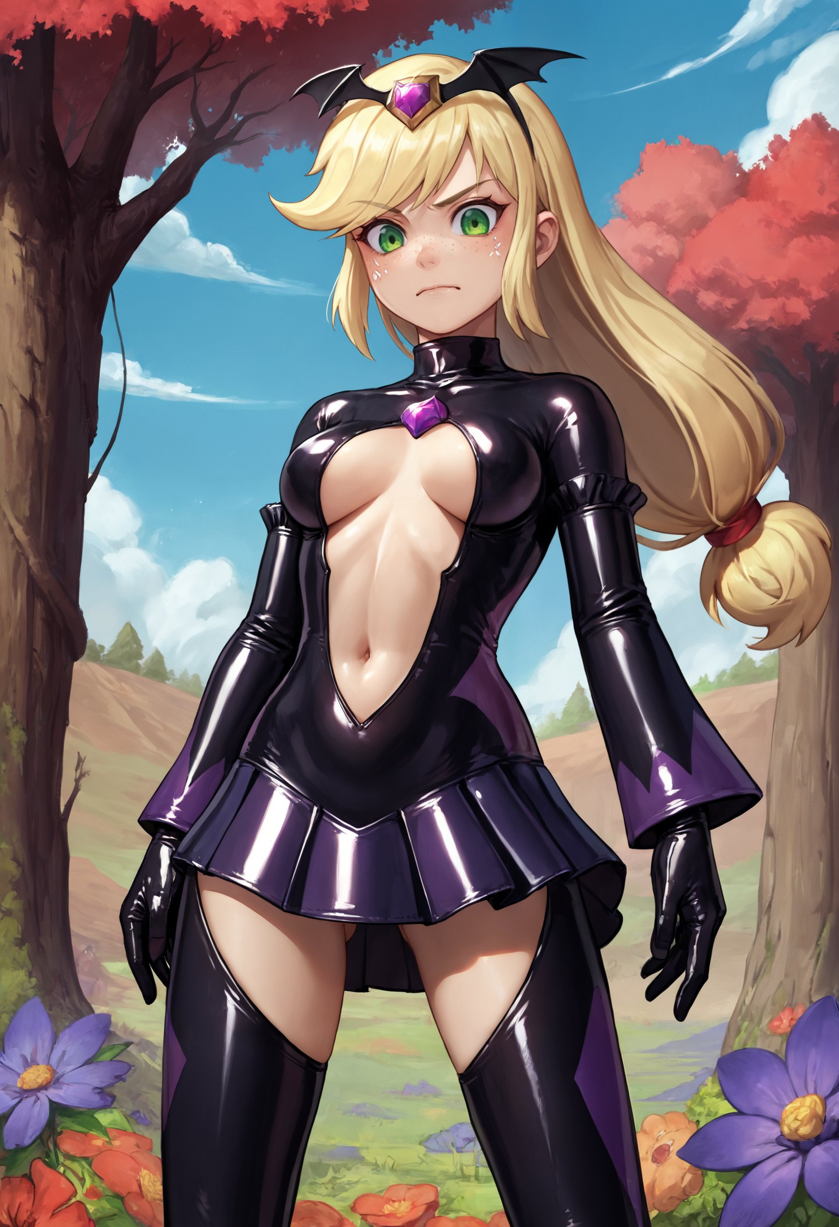 zPDXL, source_anime, 1girl, human applejack, badend bodysuit, purple badend, skirt,latex princess, breasts apart, standing, cowboy shot, thighs, outdoors, blue sky, <lora:latex-princess-ot6-1560:0.8>    <lora:bad-end-ot4-006:0.8> 