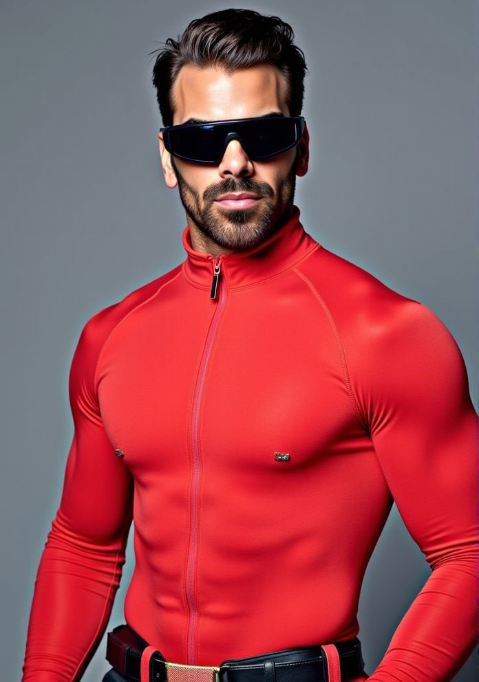 Nyle Dimarco ,  Hi-res photo. He wears futuristic electronic glasses. He is wearing a light red,  close fitting flight sui...