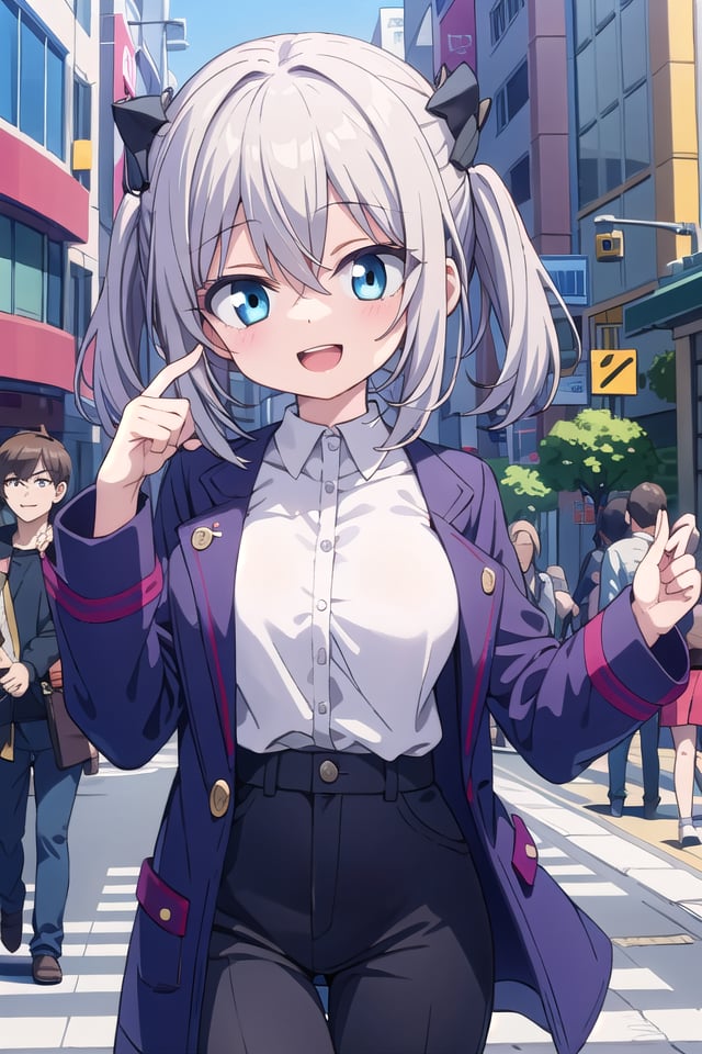 insanely detailed, absurdres, ultra-highres, ultra-detailed, best quality,1girl, solo, nice hands, perfect hands,BREAKmaxi coat, long sleeve shirt, chino pantsBREAKhappy smile, laugh, open mouth, standing,45 angle,cute pose, cowboy shot,BREAKslender, kawaii, perfect symmetrical face, ultra cute girl, ultra cute face, ultra detailed eyes, ultra detailed hair, ultra cute, ultra beautiful,BREAKin harajuku, shibuya, tokyo, street, crowd, cityscape,BREAKmedium large breasts,(grey hair, blue eyes), hair between eyes