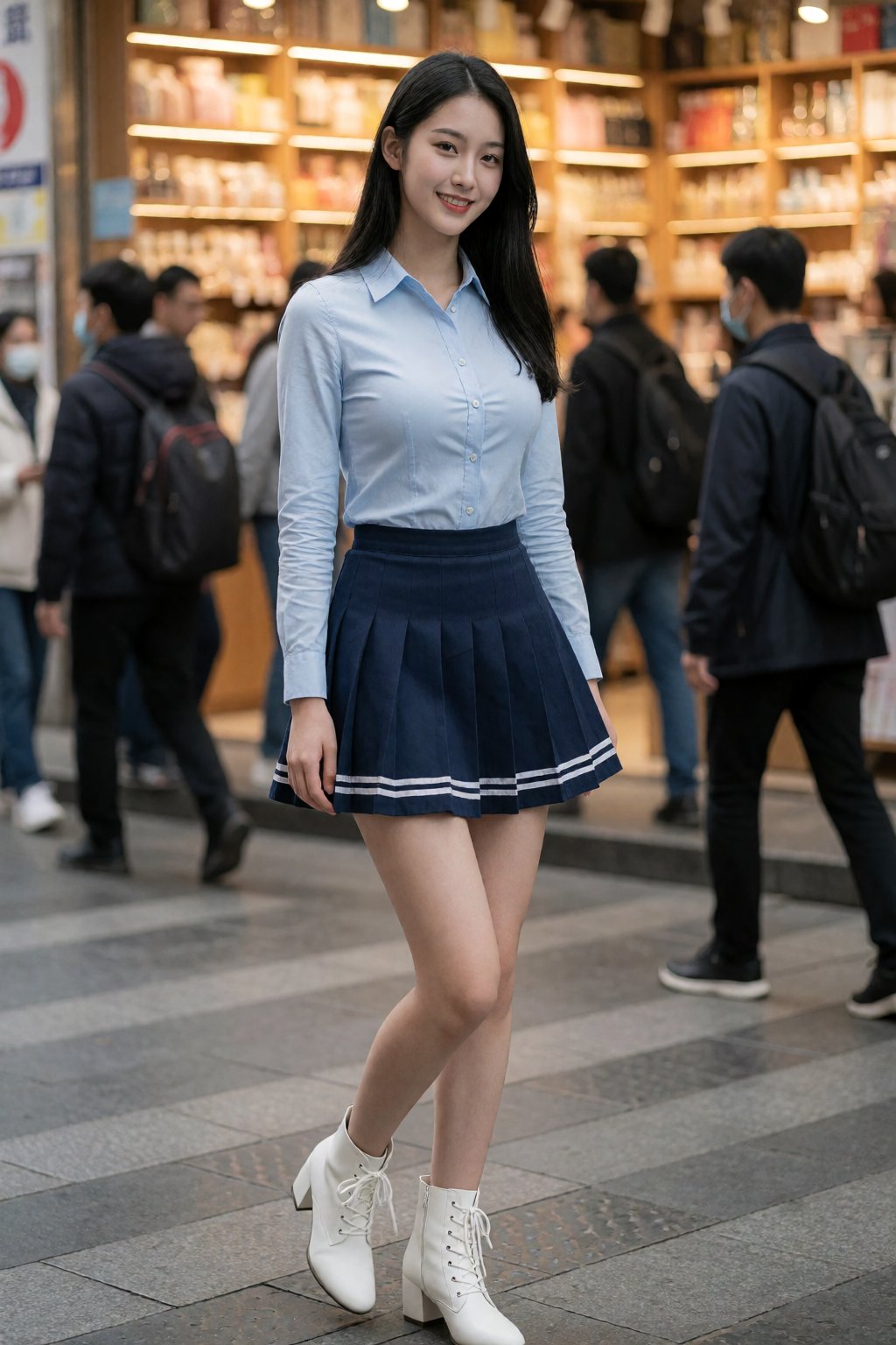 一张照片捕捉到一位身材苗条、魅力十足的亚洲女性,  肔脸带迷人的微笑,  又带羞涩和脸红。她留着黑色长发 by 天TIN on Tensor.Art