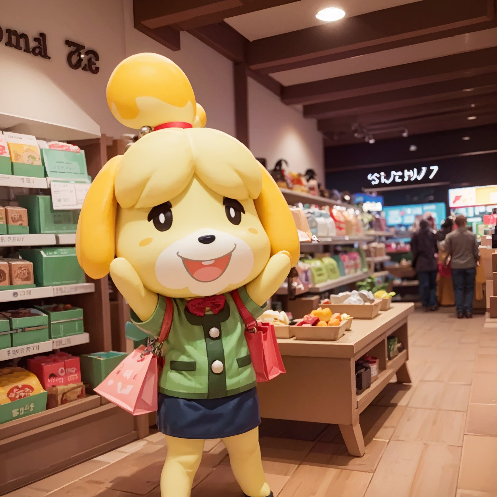 isabelle \(animal crossing\), smile, 1girl, open mouth, topknot, solo, animal ears, table, furry, dog girl,  happy, (holding bag), shopping, 3D,  <lora:shizue_Isabelle:1>