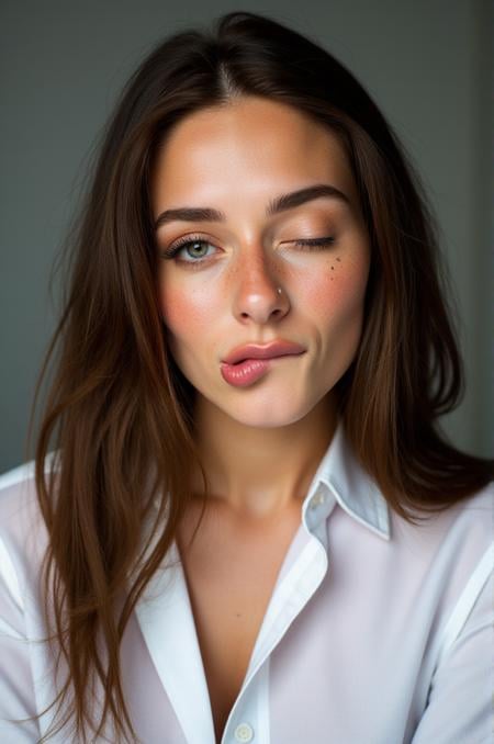 photo of a 20yo Brunette woman wears a shirt, (biting on own lips) and (winks with one eye at viewer).  <lora:winke_bit_makeup:0.8>, freckles, wrinkles