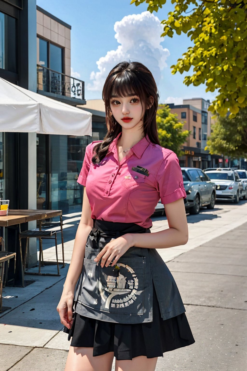 masterpiece,best quality,realistic,1girl,solo,looking at viewer,bangs,skirt,brown hair,shirt,black hair,standing,short sleeves,collared shirt,black skirt,uniform,black eyes,apron,pink shirt,waitress,employee uniform,outdoors,flowers,tree,cloud,day,<lora:McDonalds_LittlePink_v1_wd14-08:0.65>,