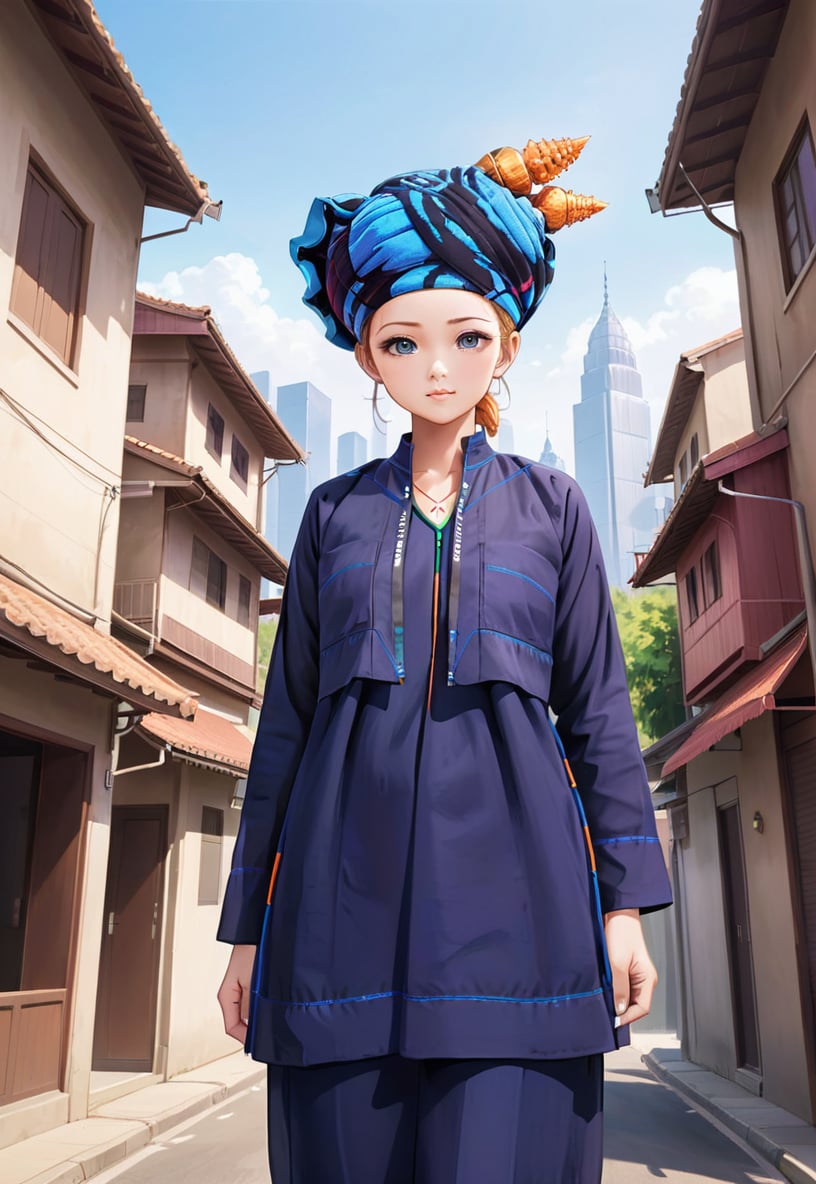 illustration, girl, navy blue paoh traditional dress, turban, rokiah dress, sneaker, from below, looking down, street, scenery, cityscape <lora:rokiah_dress-000008:1>