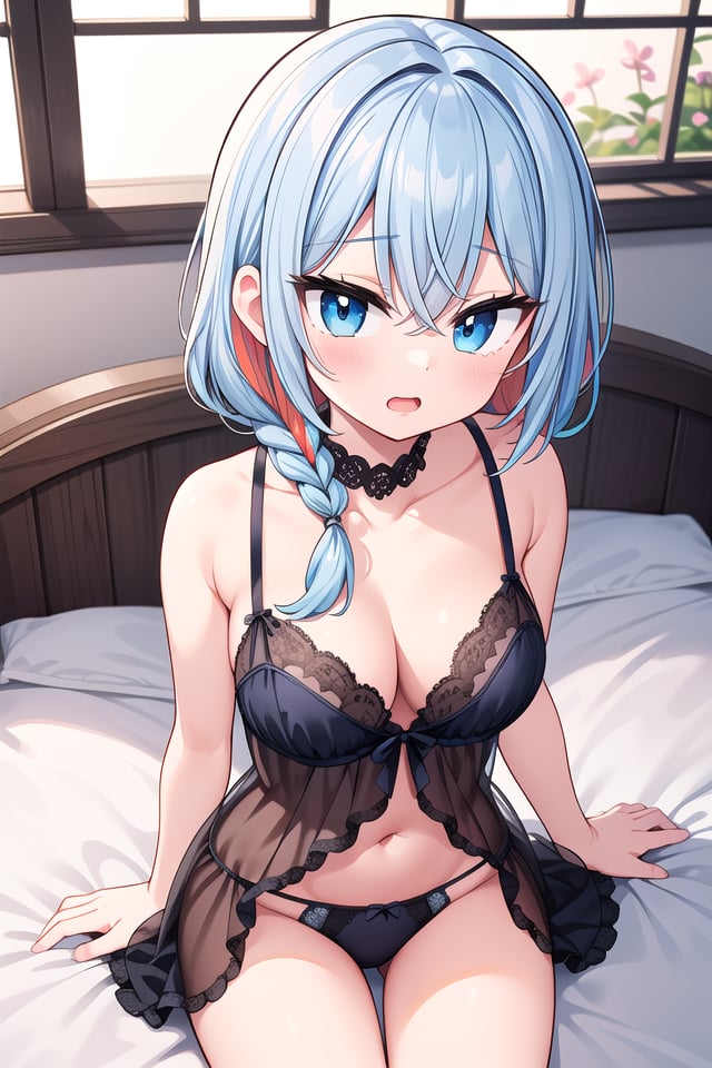 insanely detailed, absurdres, ultra-highres, ultra-detailed, best quality,1girl, solo, nice hands, perfect handsBREAK(nipples:-1), blue  (chemise, petticoat:1.3), (see-through:1.2), (lingerie, lace, frill:1.2), (panties:1.3)BREAKupset, open mouth,(sitting on bed), seductive pose, cowboy shot, from above,BREAKslender, kawaii, perfect symmetrical face, ultra cute girl, ultra cute face, ultra detailed eyes, ultra detailed hair, ultra cute, ultra beautifulBREAKindoors, elegant hotel room, bedroom, , antique interior,warm lighting, moodie lighting, weak rim light, intensive shadow,cinematic light, indirect lighting, evening light, depth of field, ultra detailed backgroundBREAKmedium large breasts, , extremely detailed navelBREAK(random color hair, multicolored hair:1.2), rainbow color eyes, braid, hair between eyes