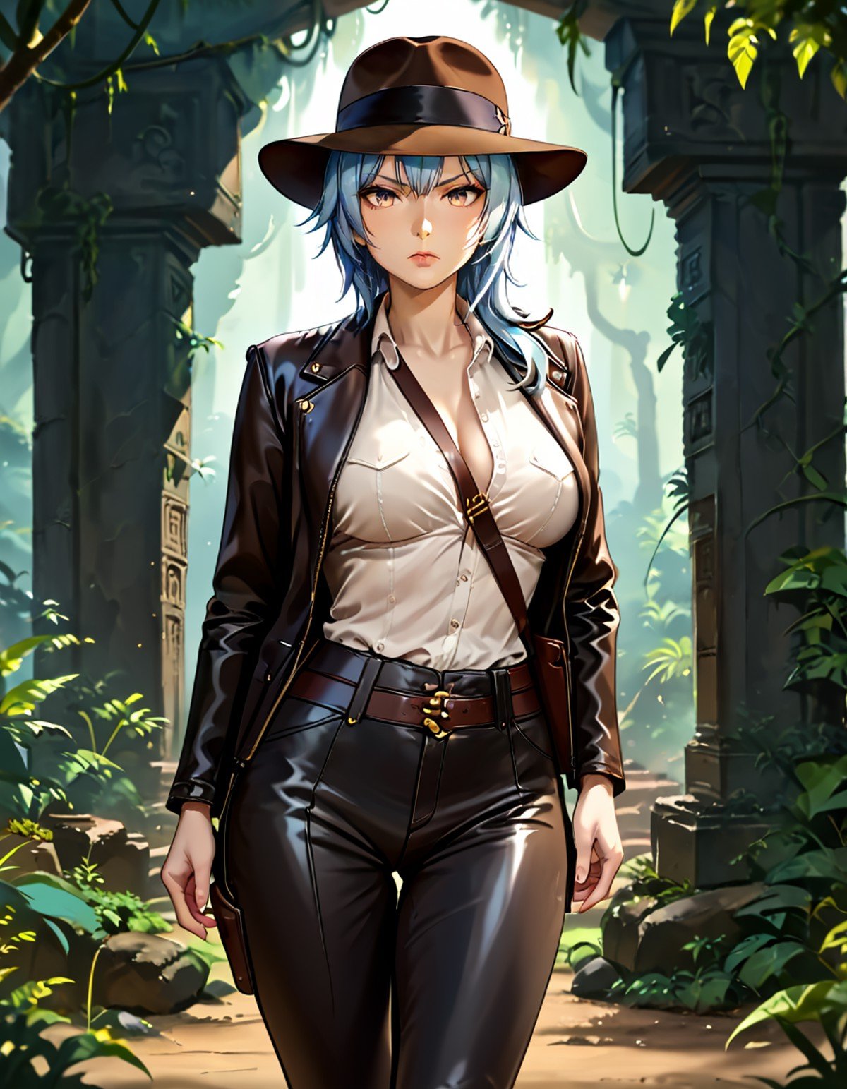 score_9, score_8_up, score_7_up,eula wearing brown leather well worn ind1ana outfit,blue hair,browen leather pants,walking to viewer, serious, focused,ancient temple background, jungle, moss, <lora:indiana_jones:0.9>