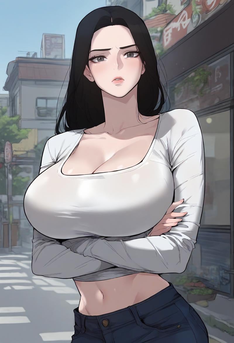 score_9, score_8_up, score_7_up, score_6_up, source_anime, rating_explicit, 1girl, (solo:1.1), huge breasts,<lora:Baek Suzy prefectPonyxl:0.85> black hair, long hair, grey eyes, black eyes, white shirt, cleavage, collarbone, long sleeves, crop top, midriff, navel, jeans, denim, serious, street, outdoors, looking at viewer, standing, close-up, crossed arms,