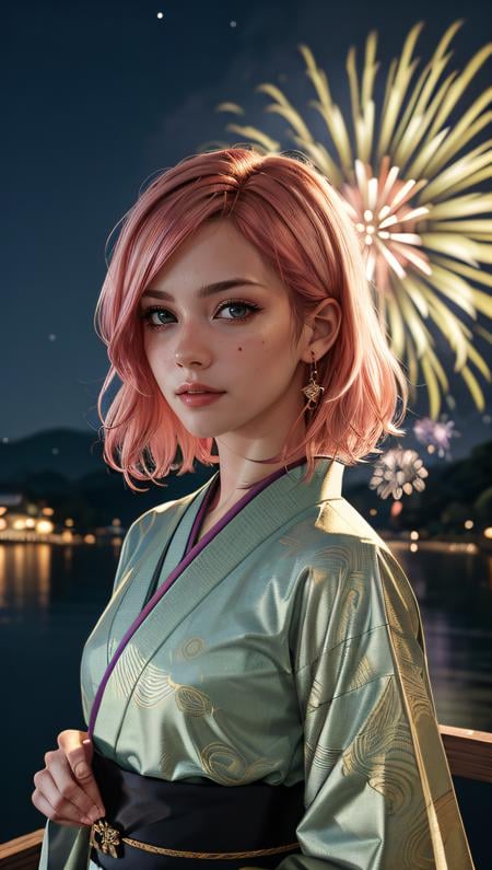 (best quality, masterpiece, colorful, dynamic angle, highest detailed) Realistic photo, fashion photography of a cute European girl with iridiscent pink hair, flirting with POV, in traditional japanese gold&black kimono, ultra detailed kimono textures, perfect night, kyoto, fireworks, (intricate details, hyperdetailed:1.15), detailed, moonlight passing through hair, (official art, extreme detailed, highest detailed), HDR+