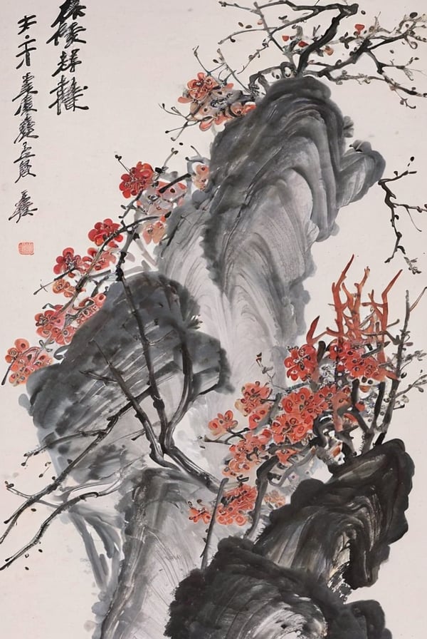 branch,chinese text,cnwchs,flower,leaf,monochrome,no humans,painting \\(medium\\),red flower,rock,traditional media,vase,white background,<lora:SD1.5_CNWCHS.1.0-000008:1>,