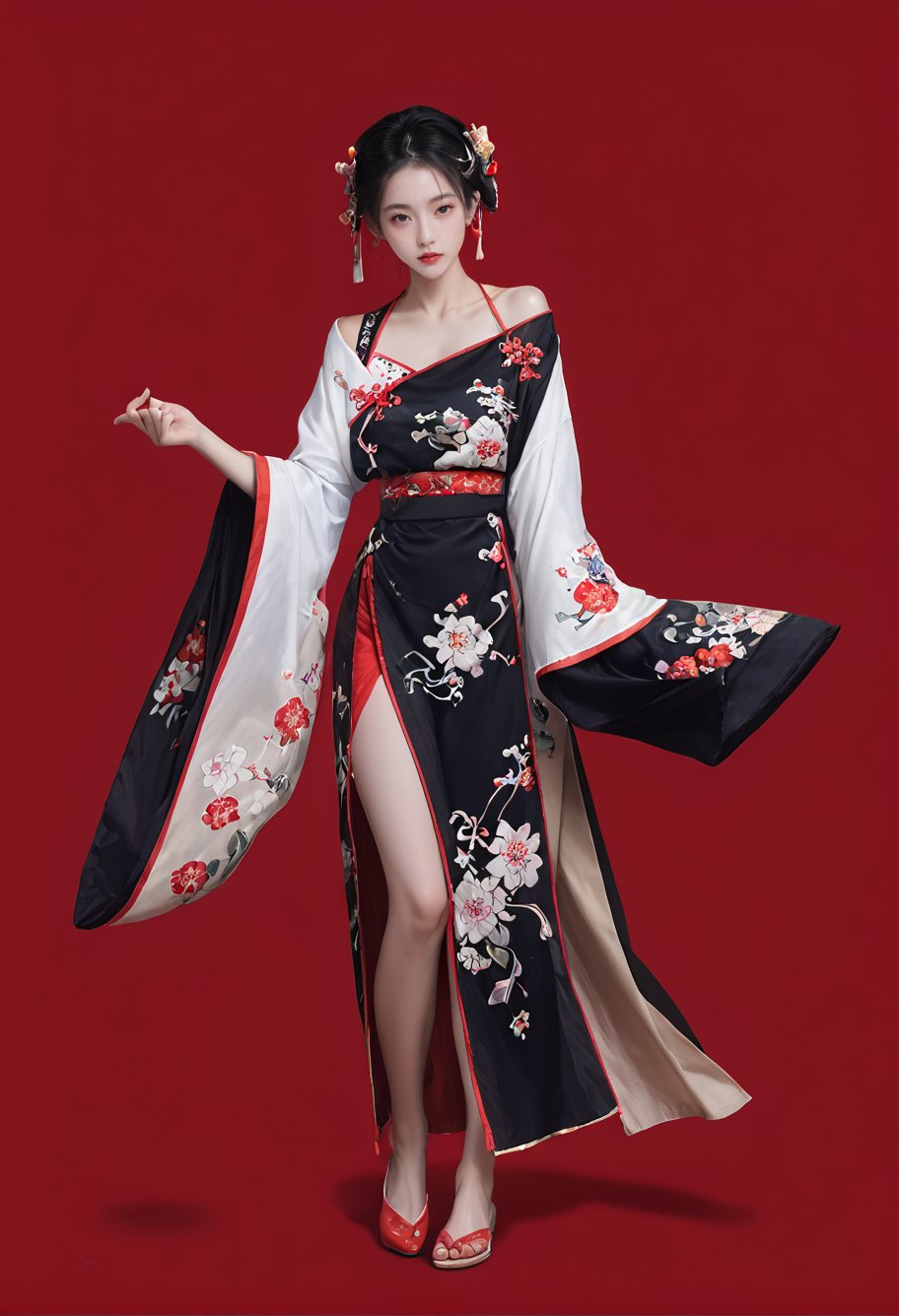 red background,1girl,solo,,ruanyi0766,floral print,hanfu,jewelry,off shoulder,wide sleeves,chinese clothes,full body,dancing,<lora:0766 Northern and Southern Dynasties Hanfu_v1_pony:1>, score_9,score_8_up,score_7_up,,8k,1girl,solo,