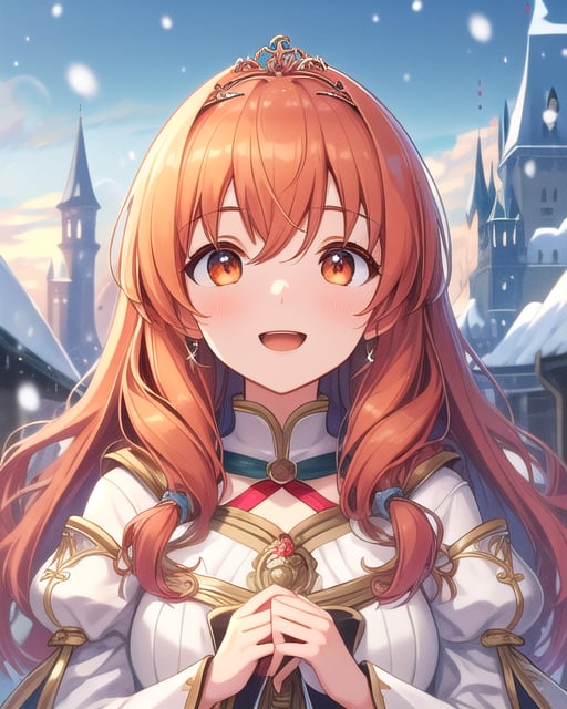 best quality, masterpiece, highres, detailed, digital artwork, <lora:Tools - add_detail:0.2>, SnowWonder,  <lora:Scene - SnowWonder:0.8>, excited, upper body, BREAK CelicaFE, orange eyes, orange hair, tiara, white clothes, castle, <lora:Character - CelicaFE:0.6>