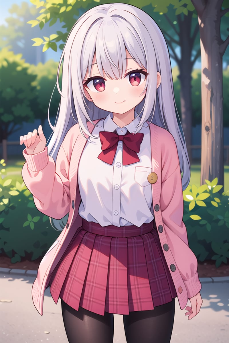 insanely detailed, absurdres, ultra-highres, ultra-detailed, best quality,1girl, solo, nice hands, perfect handsBREAK(School Uniforms:1.2), (pink cardigan is fit body:1.4), ((do up a buttons, not loose):1.5), ((long sleeve, sleeves past wrists):1.2), (inner wear is white collared-shirt:1.3), (red plaid-pattern bow:1.3), (red plaid-pattern pleated skirt:1.3), ((dark-brown pantyhose, loafers):1.2), (cleavage:-1.5)BREAKhappy smile, laugh, closed mouthBREAK(45 angle:-1.5), (from side:-1.5),standing, cowboy shot, looking at viewerBREAKslender, kawaii, perfect symmetrical face, ultra cute girl, ultra cute face, ultra detailed eyes, ultra detailed hair, ultra cute, ultra beautifulBREAKin forest, depth of field, ultra detailed backgroundBREAKmedium large breastsBREAK(grey hair, red eyes), spiked hair,