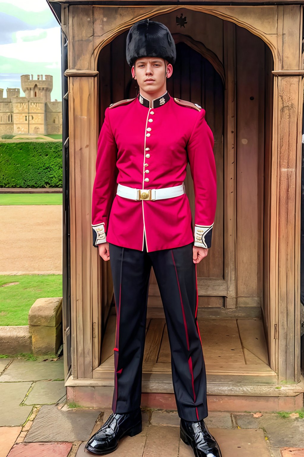 Windsor Castle in the background,  standing next to a guard house,  BrettStevens wearing (kg_uniform) by txhorn75 on Tenso...