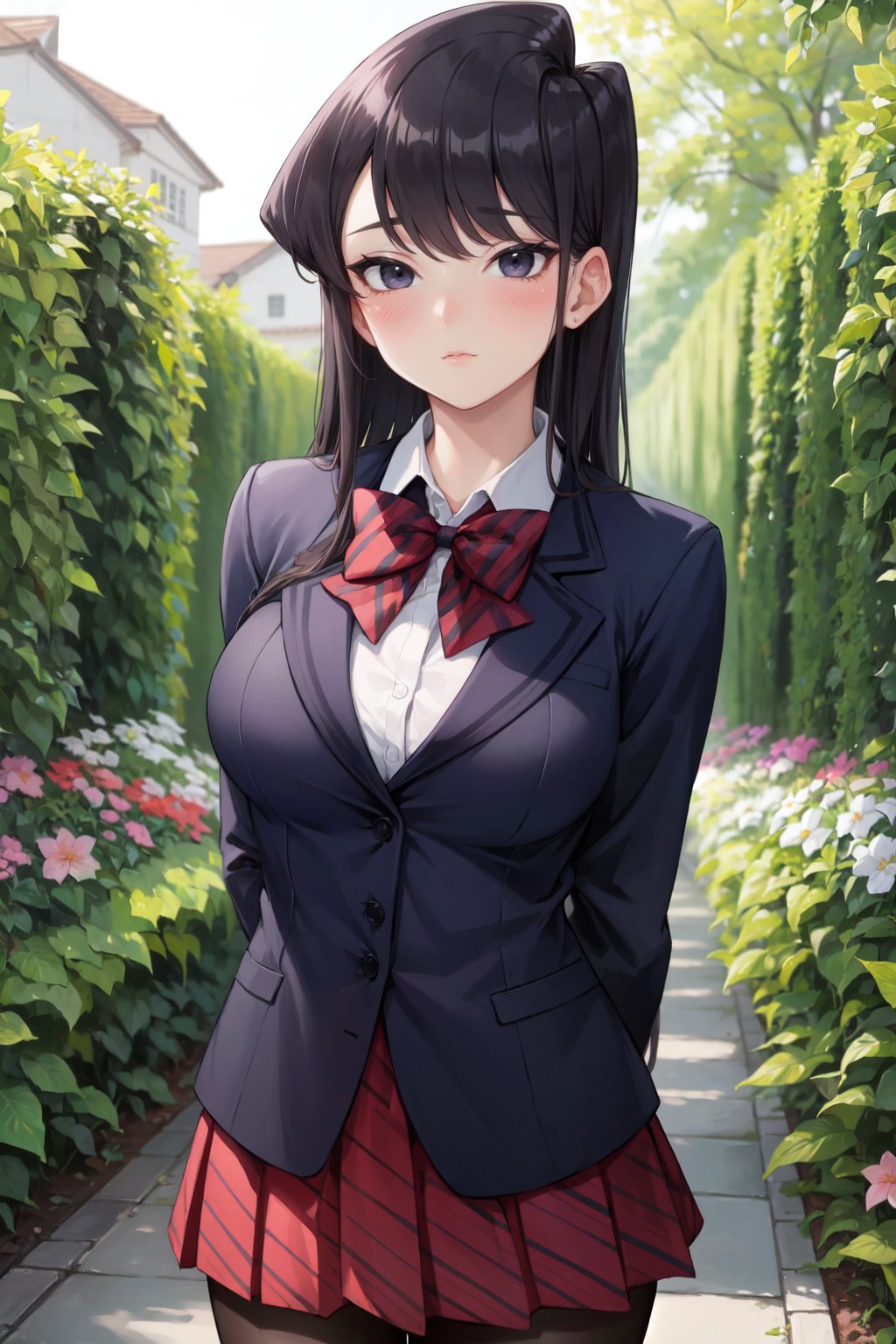 (best quality, ultra detailed), ((full-face blush)), (detailed background:1.2), (perfect face, detailed face), looking at viewer, (mature female:1.4), expressionless, <lora:komi_shouko:1> komi_shouko, long hair, shirt, large breasts, white shirt, school uniform, long sleeves, skirt, bow, bowtie, pantyhose, jacket, black pantyhose, collared shirt, (garden, outdoors, standing, arms behind back,  )   