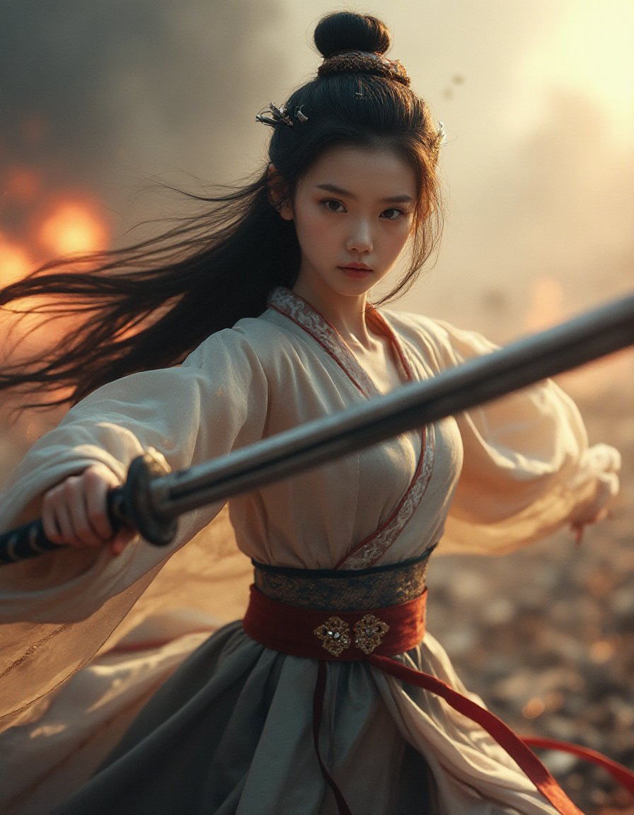 A hyper-realistic photograph of an incredibly beautiful and cute 18-year-old Chinese girl standing fearlessly in the midst of a war-torn battlefield. She wears an exquisitely detailed,traditional Hanfu,with flowing silk fabric and intricate embroidery that contrasts sharply with the chaos around her. The Hanfu subtly reveals a natural,realistic cleavage,adding a touch of feminine allure to her appearance. Her large,expressive eyes convey a perfect balance of innocence and fierce determination as she swings a finely crafted Tang dynasty sword (Tangdao) in a powerful,fluid motion. The image captures the exact moment as the blade slices through the air,with sparks flying and debris scattering from the impact. The background is filled with explosions,smoke,and the distant glow of fire,creating a dramatic contrast to her graceful form. Her long,silky black hair flows wildly in the wind,adorned with traditional hairpins that somehow remain intact amidst the chaos. Her focused expression reveals both grace and intensity,as if she is a warrior from another time,standing strong against the turmoil. Every detail,from the texture of her Hanfu to the sharpness of the Tangdao,is rendered with true-to-life precision,ensuring the final image looks indistinguishable from a high-quality photograph.,