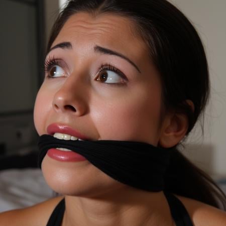 a realistic photography of a 20yo asian woman. she is gagged. black c1eavegag. she looks scared