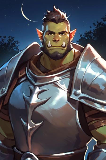 score_9, score_8_up, score_7_up, solo, male focus, mature male, orc, green skin, tusks, beard, outdoors, armor, looking at viewer, shoulder armor, breastplate, upper body, closed mouth, pauldrons, night, night sky, standing <lora:Smooth Anime 2 Style SDXL_LoRA_Pony Diffusion V6 XL:1>