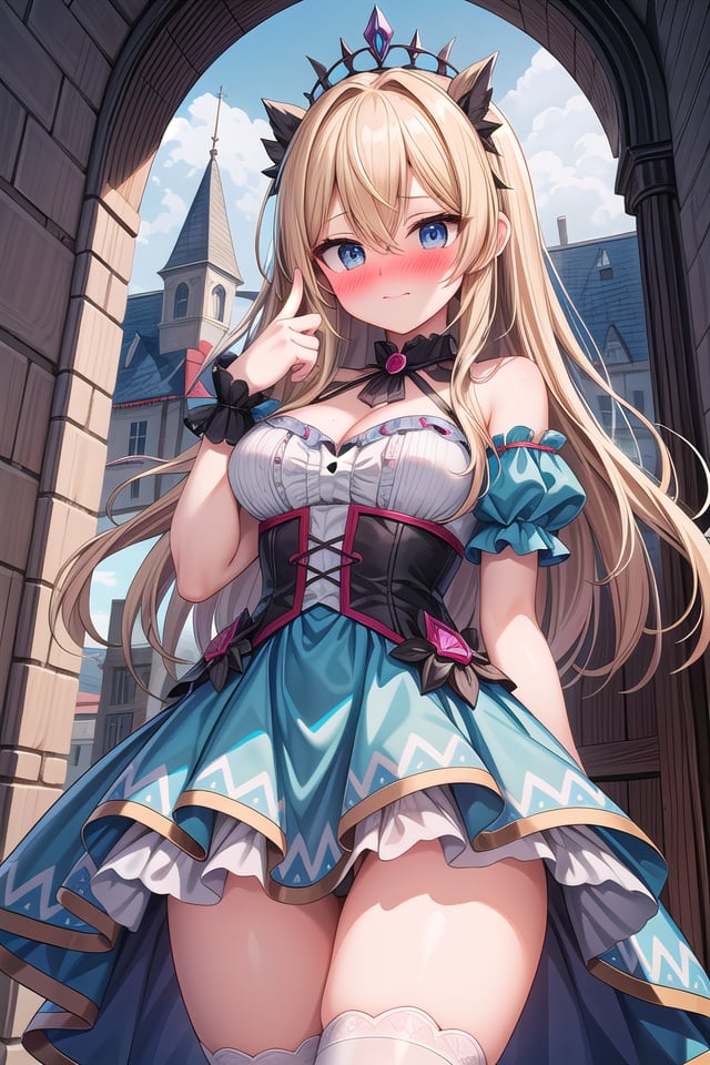 <lora:yudedako_v200:1>insanely detailed, absurdres, ultra-highres, ultra-detailed, best quality,1girl, solo, nice hands, perfect handsBREAKprincess, princess dress with many frills, teara on hair,shame, embarrassed, closed mouth,standing,thumbs up,from below, cowboy shot, looking at viewerBREAKslender, kawaii, perfect symmetrical face, ultra cute girl, ultra cute face, ultra detailed eyes, ultra detailed hair, ultra cute, ultra beautifulBREAK(fantasy world, in castle), depth of field,medium large breastsBREAKblonde hair, medium hair, messy hair, blue eyes, hair between eyes