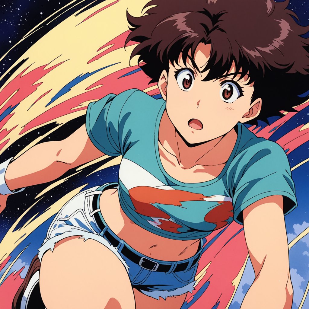 80's anime screencap, girl wearing a cropped top and short shorts, artistic rendition with wide brush strokes, anime comic