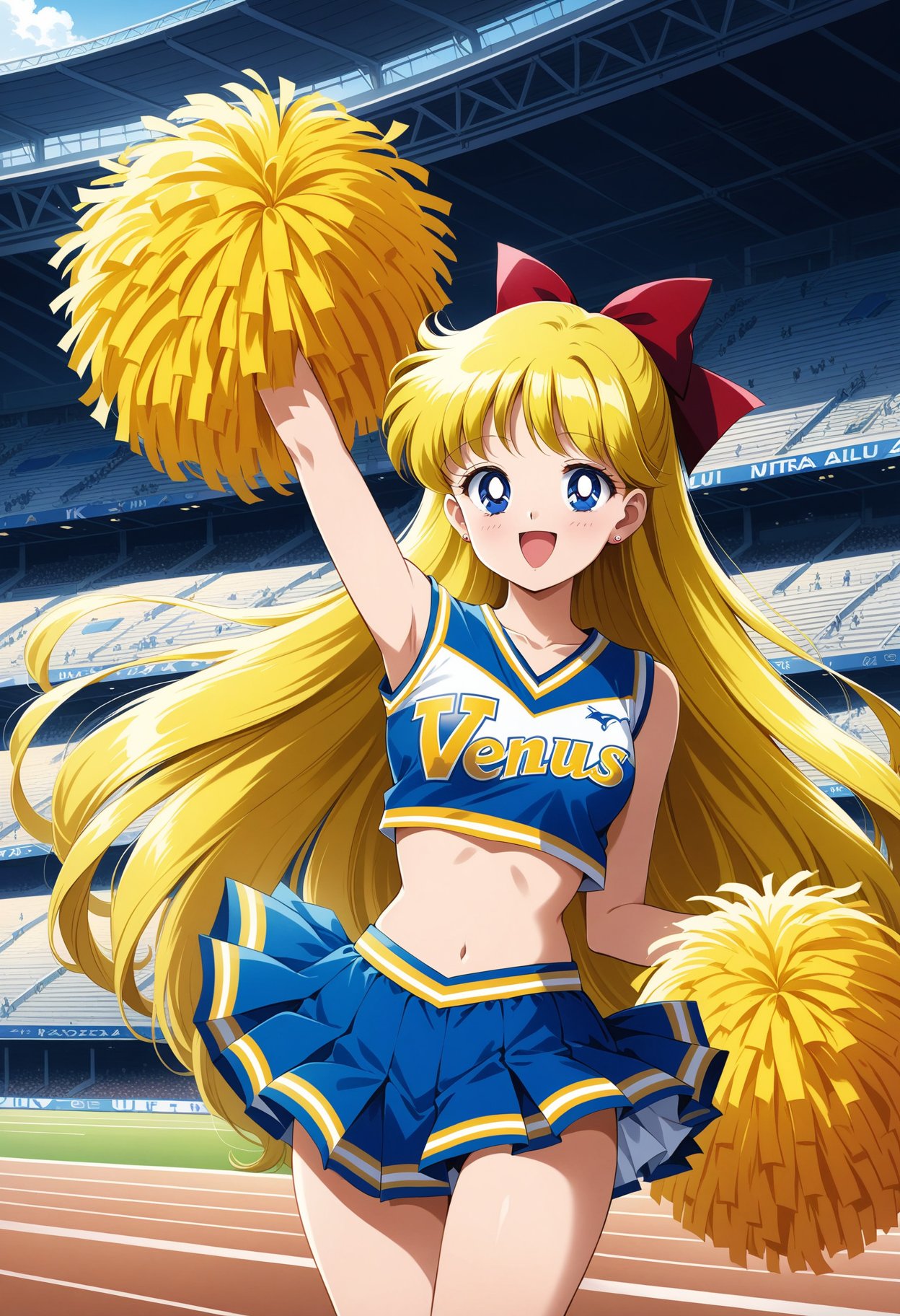 (masterpiece, best quality, very aesthetic, ultra detailed), intricate details, 4k, aavenus, long hair, blonde hair, hair bow, earrings, blue eyes, <lora:sailor_venus_animaginexl_v2:0.9>, stadium, cheerleader, pom pom \(cheerleading\), midriff, standing, cowboy shot, smile, open mouth, arm up, venus