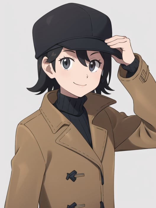 <lora:asatsukifgfff-08:0.8> solo, looking at viewer, smile, short hair, simple background, black hair, long sleeves, 1boy, hat, white background, closed mouth, upper body, male focus, open clothes, hand up, scarf, sweater, coat, grey eyes, black headwear, turtleneck, ribbed sweater, open coat, brown jacket, turtleneck sweater, hand on headwear, brown coat, grey headwear