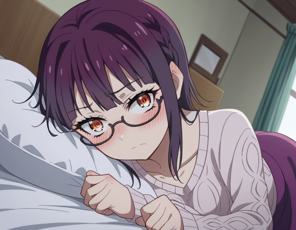 score_9, score_8_up, score_7_up, source_anime,sumikafujimiya, <lora:sumika-fujimiya-s1-ponyxl-lora-nochekaiser:1>,sumika fujimiya, brown eyes, purple hair, braid, glasses, semi-rimless eyewear, under-rim eyewear,sweater, long sleeves, collarbone, skirt, purple skirt,indoors, bed, bed room, on side, blush, drunk,looking at viewer, dutch angle,