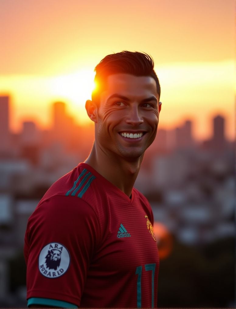 Cristiano Ronaldo ,  In the heart of a bustling city,  under the soft glow of a golden hour sunset by HottiesnHotties on T...