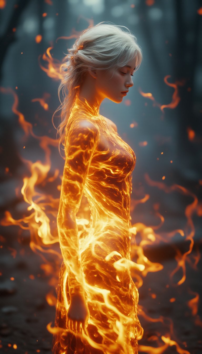 <lora:FL-bailing-24-0906Fire Spirit-000008:0.7>,bailing_fire,a girl made up of the element fire,1 woman,a person who appears to be on fire with flames engulfing their body.,magic swordsman,A girl made entirely of flames stands,her body engulfed in fire. Her form flickers and sways,semi-transparent and composed entirely of fire elements. The flames seem to rise naturally from her,as though she is both part of the fire and its source. The surroundings are blurred,keeping the focus entirely on her fiery presence. The flames ripple and pulse,wrapping around her form,creating an intense yet surreal atmosphere.,(white hair:0.3),freckles,masterpiece,best quality,light particle,depth of field,fantasy,a cute girl,Porta 160 color,shot on ARRI ALEXA 65,bokeh,sharp focus on subject,highest details,photorealistic,high background details,high face details,8k,raytracing,head_tilt,ultra wide,octane render masterpiece,