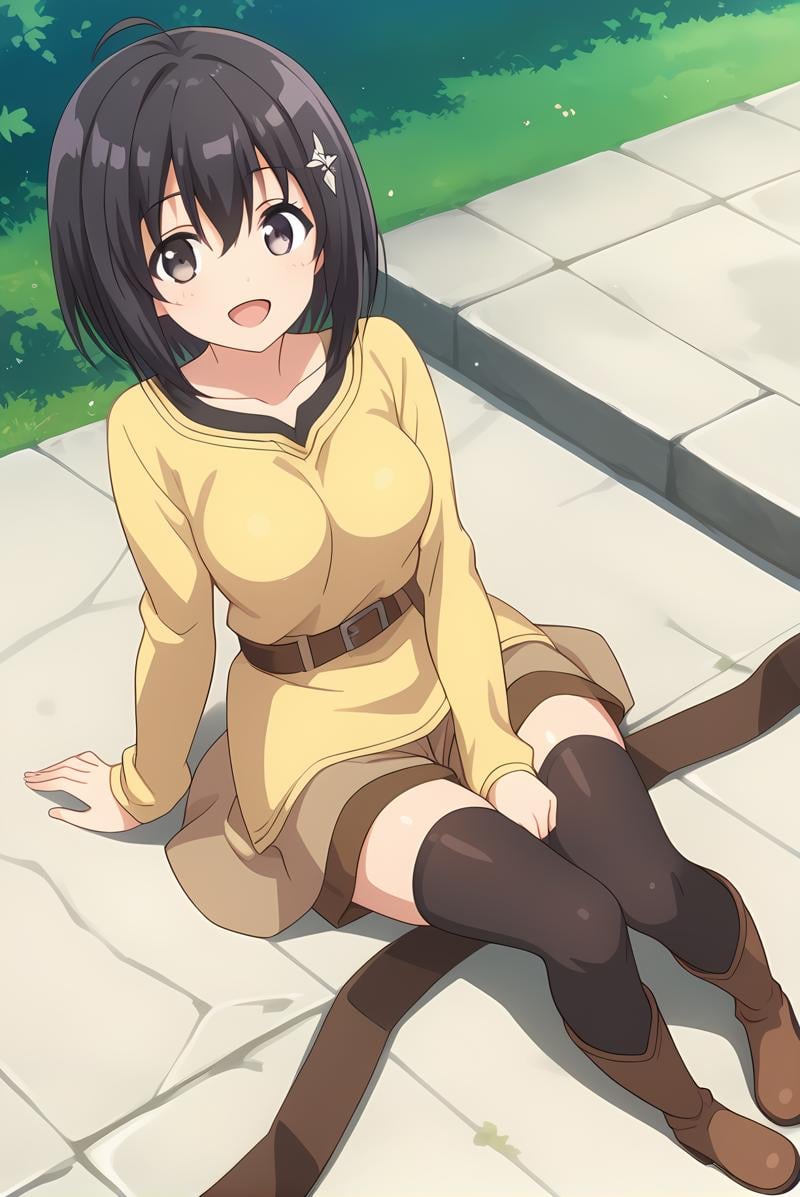 (yellow shirt born skirt brown shorts black thighhighs brown boots belt),  bof-maple,  black hair by Ttan on Tensor.Art