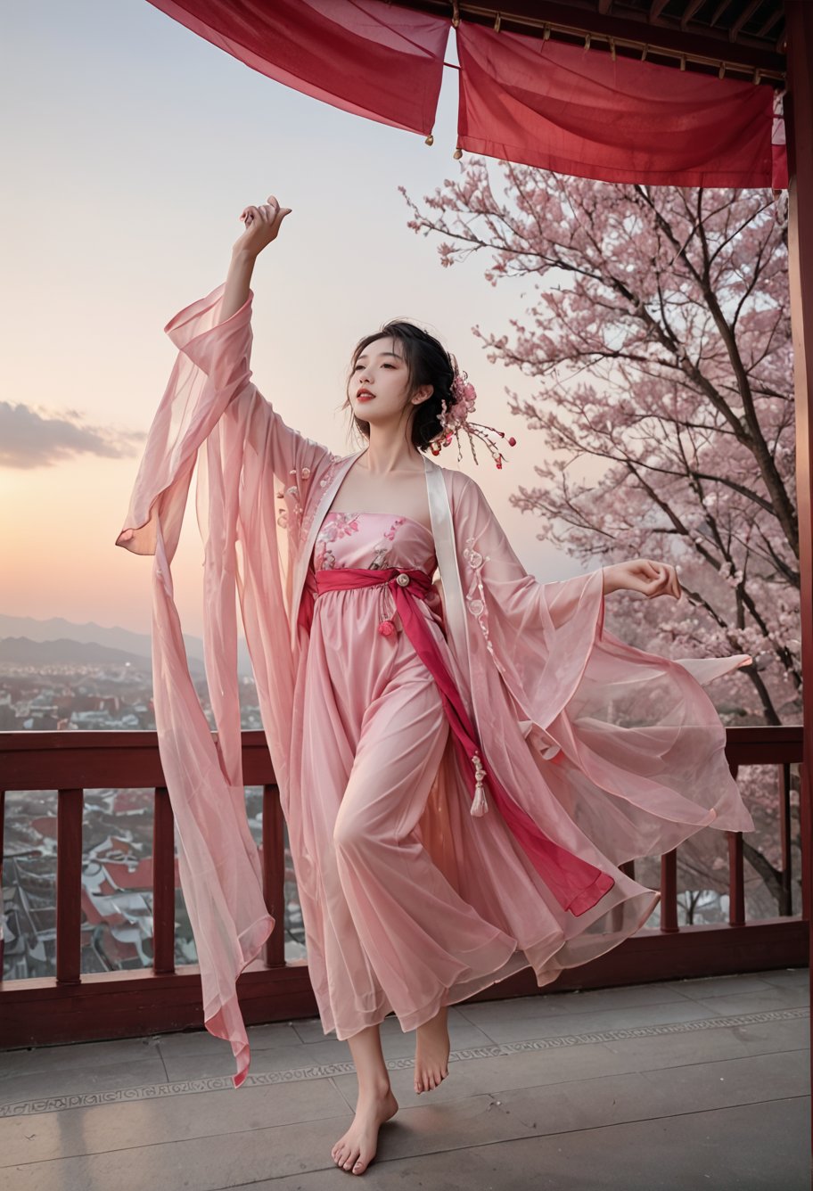 1girl,solo,barefoot,dancing,sky lantern,,ruanyi0758,hanfu,pink dress,see-through,shawl,wide sleeves,jewelry,<lora:0758 Peach Blossom Hanfu_v1_pony:1>, score_9,score_8_up,score_7_up,,8k,1girl,solo,