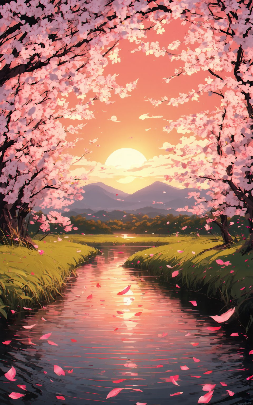 anime style, beautiful river landscape, stunning sunset, warm and vibrant color palette, glowing orange and pink sky, reflections on the water, gentle flowing river, lush greenery on riverbanks, cherry blossom trees, petals falling, distant mountains, serene and peaceful atmosphere, detailed and intricate linework, dynamic lighting, high contrast, high resolution, captivating and enchanting visuals, magical and ethereal ambiance, cinematic composition, intricate details, vibrant colors, fantastical and dreamy aesthetics.