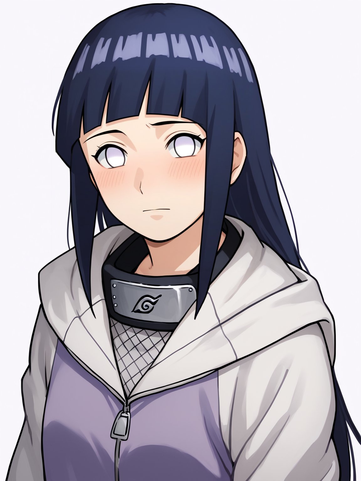 score_9, score_8_up, score_7_up, score_6_up, score_5_up, score_4_up, BREAK, source_anime,1girl,  hinata_shippu, long hair, two-tone jacket, white eyes, no pupils, hood down, konohagakure symbol, forehead protector,blush, upper body, looking at viewer, solo, simple background, white background   <lora:HinataXLv7:1>