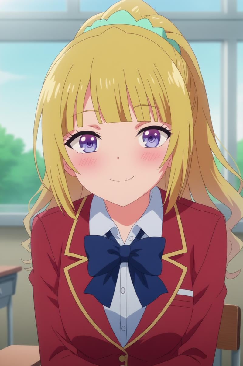 kei karuizawa,anime screencap,1girl,solo,mature,blonde hair,bangs,blush,ponytail,plant,indoors,classroom,standing,bow, school uniform, red blazer,scrunchie,jacket,sitting,looking at viewer, happy face, cowboy angle,blunt bangs,solo focus,sit,chair,desk <lora:Kei Karuizawa - PDXL2 .safetensors:0.8>