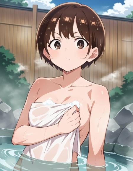 score_9, score_8_up, score_7_up, source_anime,chihirokobayashi, <lora:chihiro-kobayashi-s2-ponyxl-lora-nochekaiser:1>,chihiro kobayashi, short hair, brown hair, brown eyes,nude, naked,outdoors, onsen, towel, naked towel, steam, bathing, nude cover, partially submerged, water, bath, steam censor, wet towel,looking at viewer, cowboy shot, dutch angle,