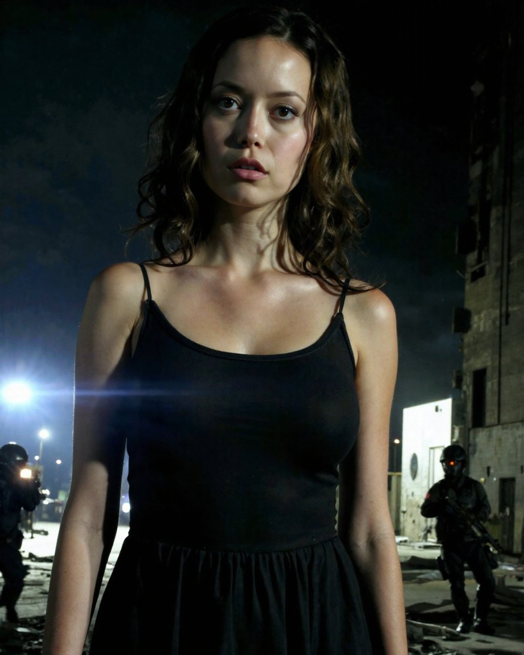a tense,  dramatic scene set in a dimly lit,  urban environment at night. The focal point is summer_glau with wet by Kamik...