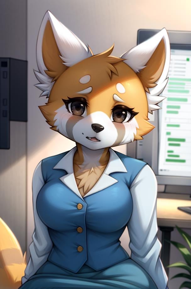 1girl, RetsukoCzar, (two-toned fur, orange fur, black eyes, whiskers, animal ears, racoon tail, striped tail, snout), (blue skirt, white long-sleeved shirt, blue vest, office lady), (interior, office), (masterpiece:1.2), hires, ultra-high resolution, 8K, high quality, (sharp focus:1.2), clean, crisp, cinematic, <lora:Retsuko-20:1>