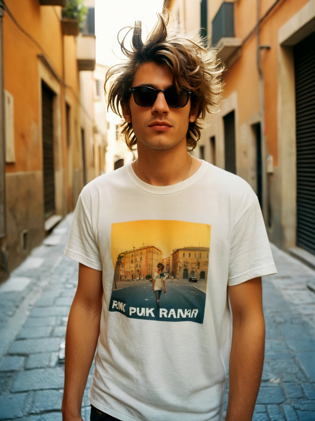 A analogue photo of a young man with messy hair and sunglasses, sunlit alleyway, Rome, Punk tee shirt, relaxed vibe, classic film grain, muted colors, nostalgic atmosphere, light leaks, color fading, vignetting, shot on kodak portra 400, expired film