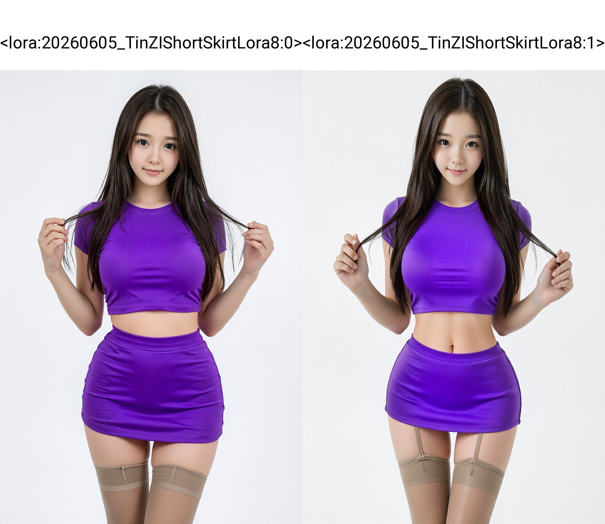 ultra mini short skirt,  A young woman with long,  straight dark brown hair stands centered against a solid white backgrou...
