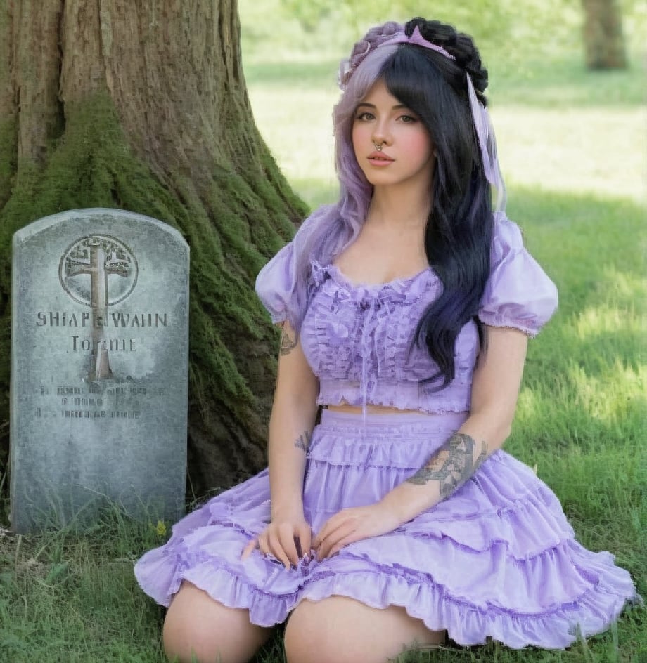 Holding soda, holding soda, holding soda, holding soda, long, wavy, lavender and black split dye hair color, pastel lavender and black hair, masterpiece high quality 18K, Hyperrealism, Realistic vision, rosy cheeks, realistic woman, shes holding soda, sitting beside gravestones, under a willow tree, she wears a light dirty purple skirt, and a dark green mossy top with dirty purple details, a girl, Woman, best quality, woman, high quality, good lighting<lora:EMS-431654-EMS:1.000000>